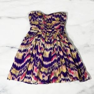 Parker Purple Abstract Design Strapless Silk Dress